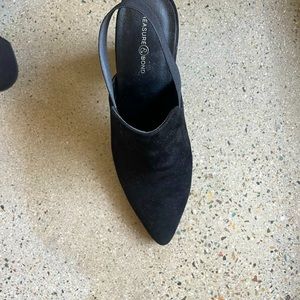 Bold black suede high heel mules with elastic band. Worn 2-3 times, super comfy